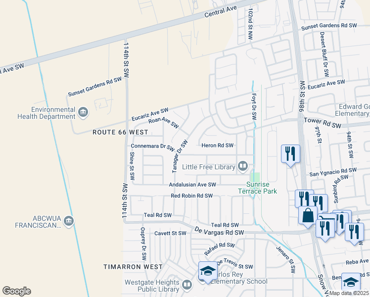 map of restaurants, bars, coffee shops, grocery stores, and more near 10623 Connemara Drive Southwest in Albuquerque