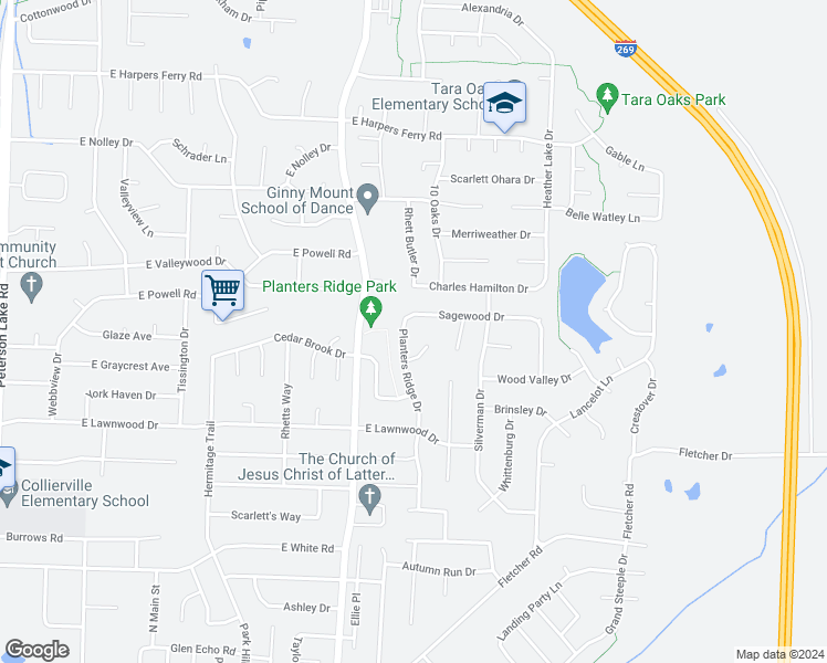 map of restaurants, bars, coffee shops, grocery stores, and more near 498 Planters Ridge Cove in Collierville