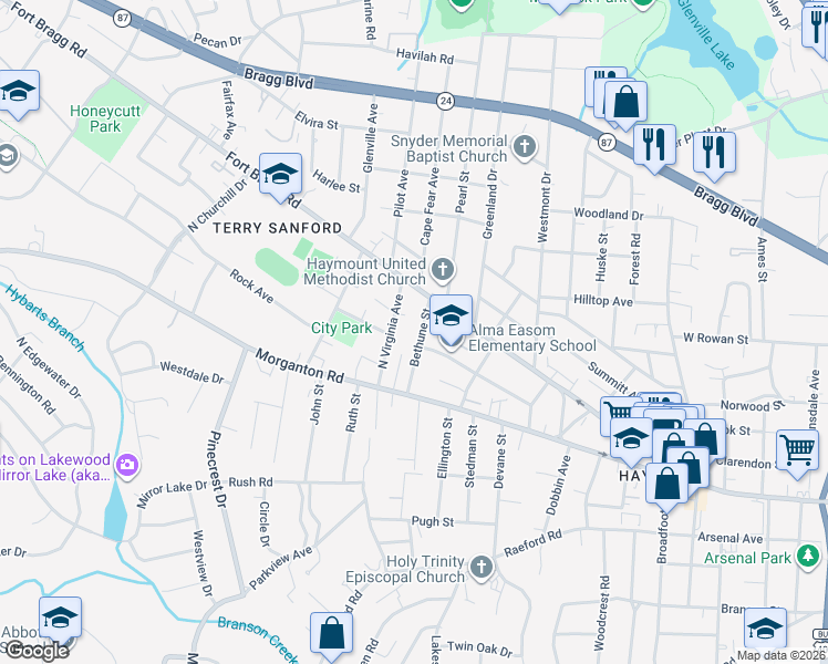 map of restaurants, bars, coffee shops, grocery stores, and more near 1840 Morganton Road in Fayetteville