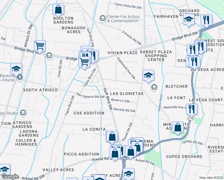 map of restaurants, bars, coffee shops, grocery stores, and more near 1135b Goff Boulevard Southwest in Albuquerque