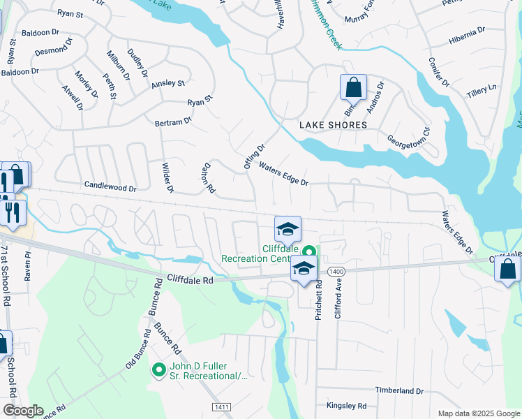 map of restaurants, bars, coffee shops, grocery stores, and more near 443 Offing Drive in Fayetteville