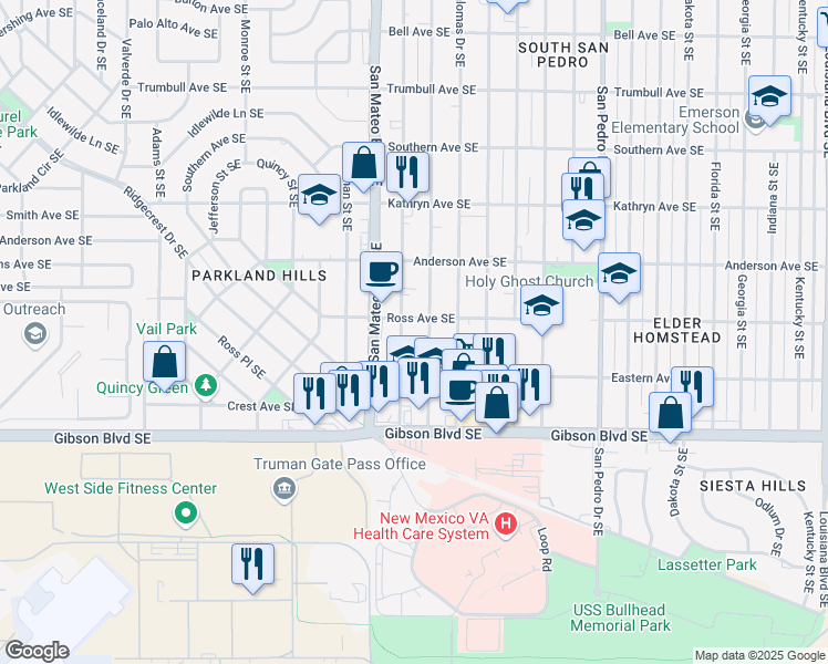 map of restaurants, bars, coffee shops, grocery stores, and more near 1325 Ortiz Drive Southeast in Albuquerque