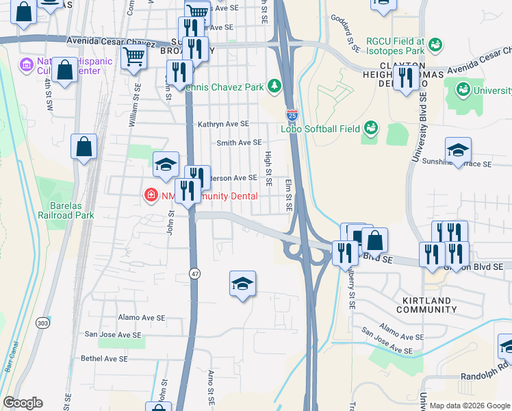 map of restaurants, bars, coffee shops, grocery stores, and more near 815 Ross Avenue Southeast in Albuquerque