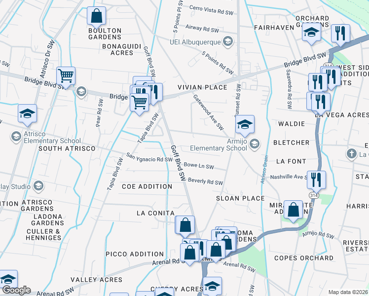 map of restaurants, bars, coffee shops, grocery stores, and more near 1135b Goff Boulevard Southwest in Albuquerque