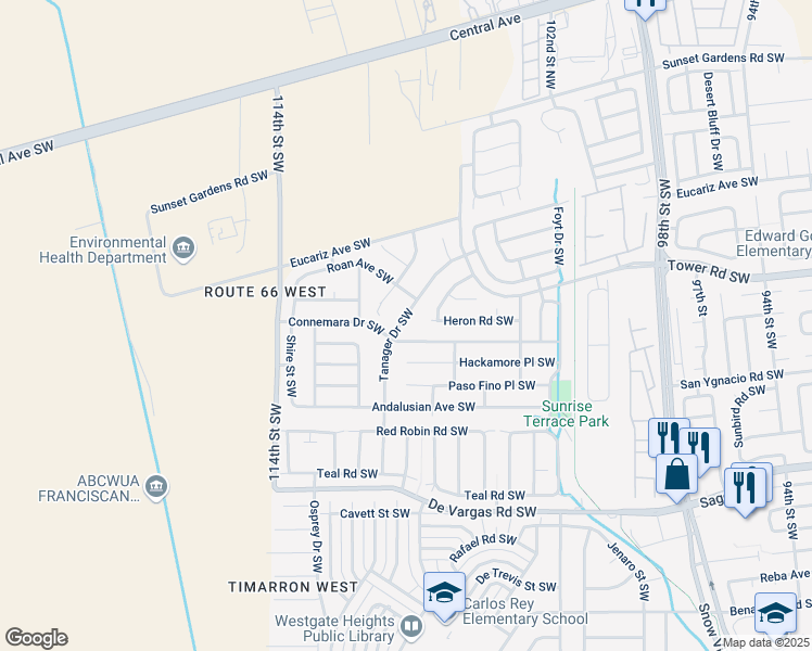 map of restaurants, bars, coffee shops, grocery stores, and more near 10623 Connemara Drive Southwest in Albuquerque