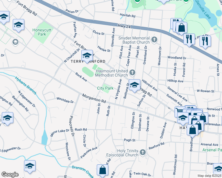 map of restaurants, bars, coffee shops, grocery stores, and more near 1910 Millan Drive in Fayetteville