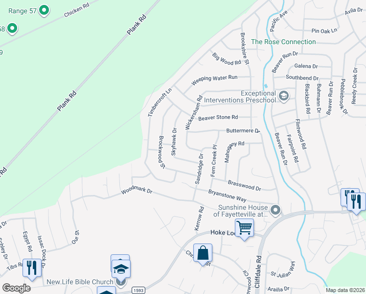 map of restaurants, bars, coffee shops, grocery stores, and more near 6912 Skyhawk Drive in Fayetteville