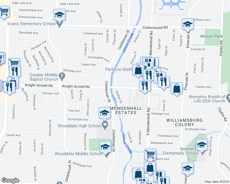map of restaurants, bars, coffee shops, grocery stores, and more near 3213 Dothan Street in Memphis