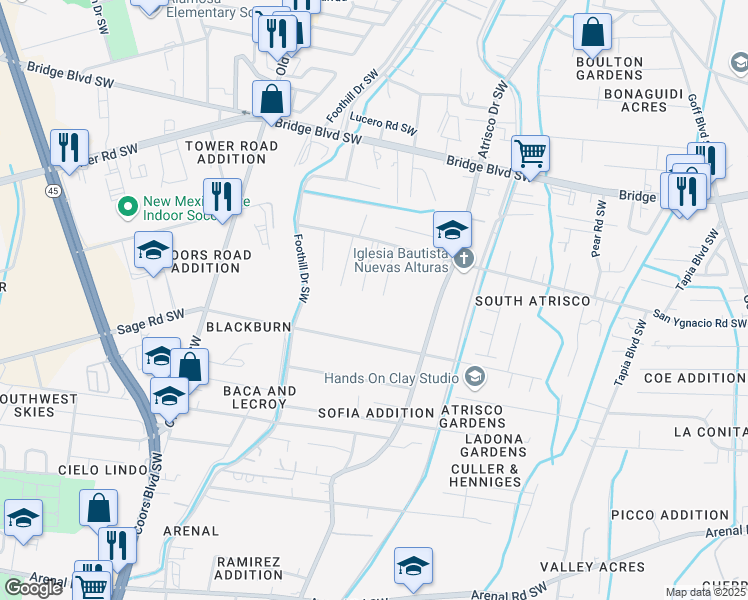 map of restaurants, bars, coffee shops, grocery stores, and more near 1201 Atrisco Drive Southwest in Albuquerque