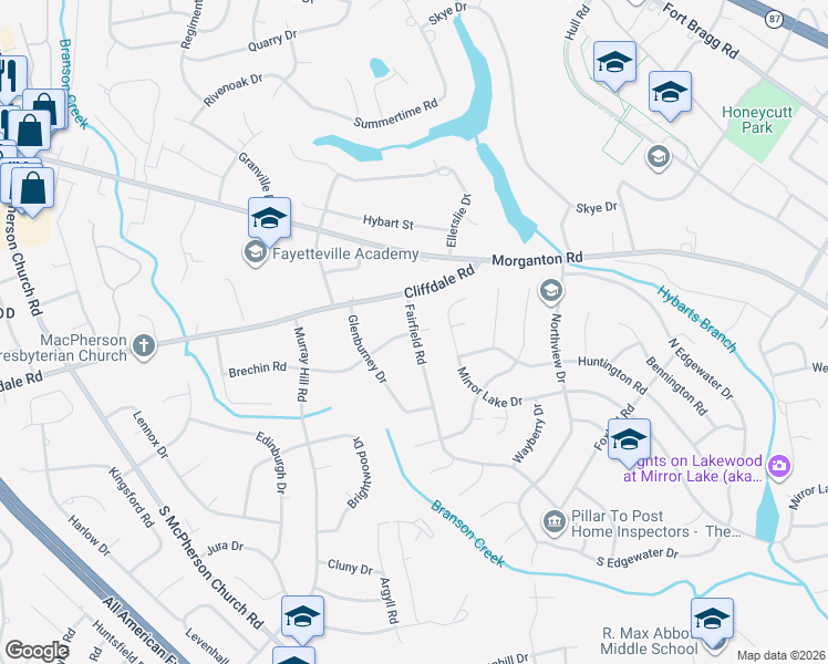 map of restaurants, bars, coffee shops, grocery stores, and more near 3001 Brechin Road in Fayetteville