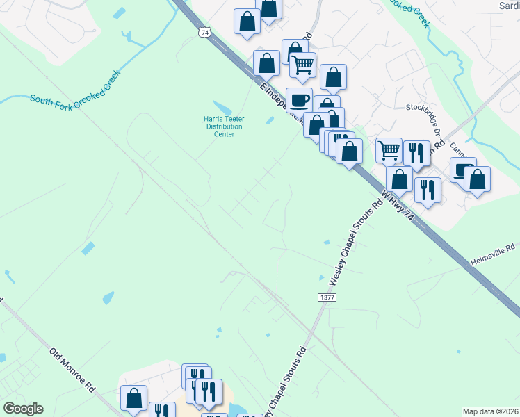 map of restaurants, bars, coffee shops, grocery stores, and more near 5800 Coral Ridge Lane in Indian Trail
