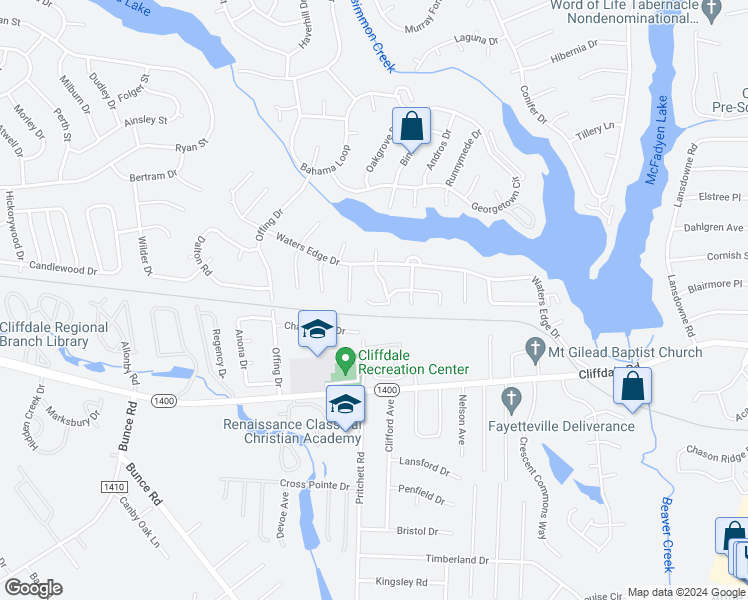 map of restaurants, bars, coffee shops, grocery stores, and more near 518 Cypress Trace Drive in Fayetteville