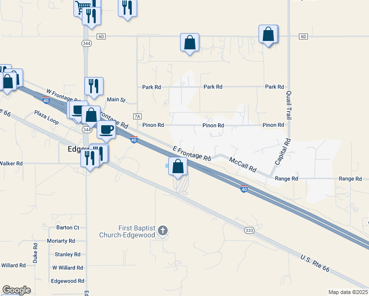 map of restaurants, bars, coffee shops, grocery stores, and more near 51 East Frontage Road in Edgewood