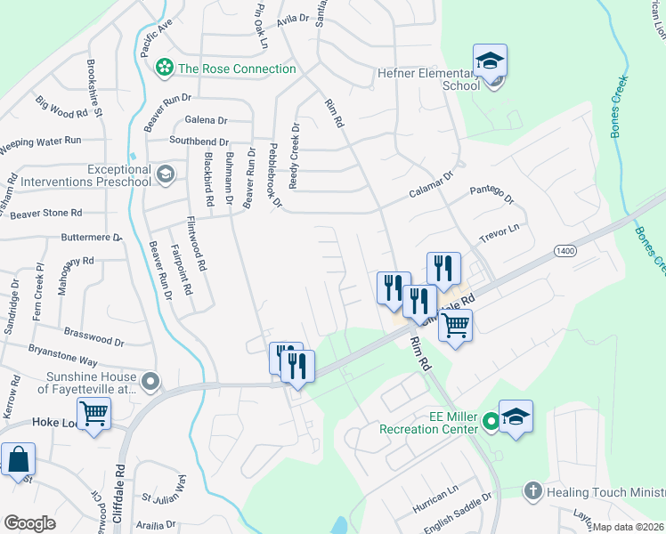 map of restaurants, bars, coffee shops, grocery stores, and more near 5119 Lime Street in Fayetteville