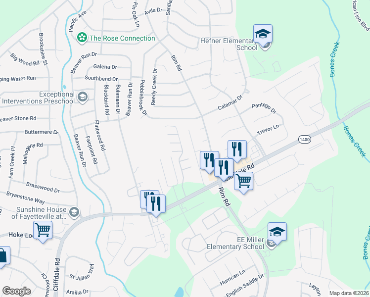 map of restaurants, bars, coffee shops, grocery stores, and more near 1215 Braybrooke Place in Fayetteville