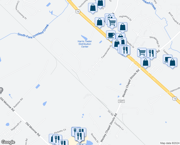 map of restaurants, bars, coffee shops, grocery stores, and more near 5815 Coral Ridge Lane in Indian Trail
