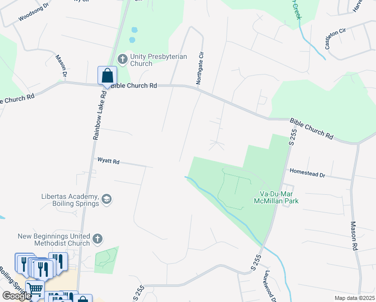map of restaurants, bars, coffee shops, grocery stores, and more near 573 Bennington Farm Drive in Boiling Springs
