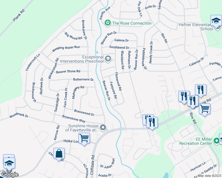 map of restaurants, bars, coffee shops, grocery stores, and more near 7466 Fairpoint Road in Fayetteville