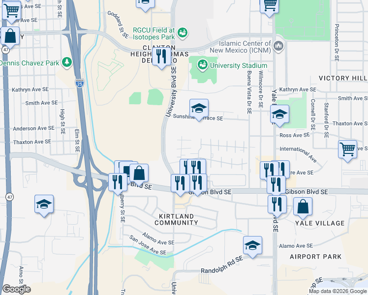 map of restaurants, bars, coffee shops, grocery stores, and more near 1701 Vail Place Southeast in Albuquerque