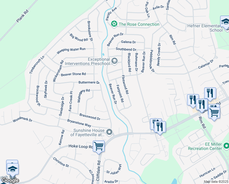 map of restaurants, bars, coffee shops, grocery stores, and more near 7405 Beaver Run Drive in Fayetteville