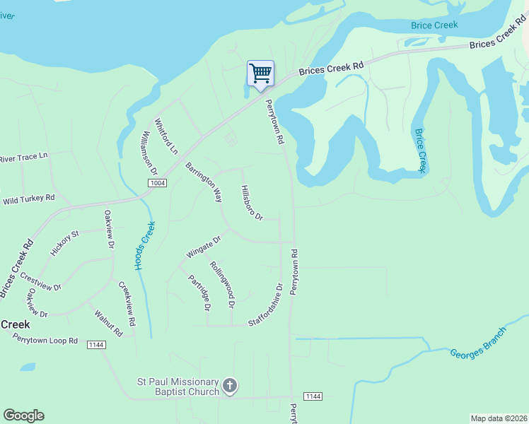 map of restaurants, bars, coffee shops, grocery stores, and more near 126 Hillsboro Drive in New Bern
