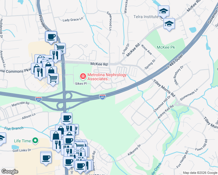 map of restaurants, bars, coffee shops, grocery stores, and more near 11530 Rabbit Ridge Road in Charlotte