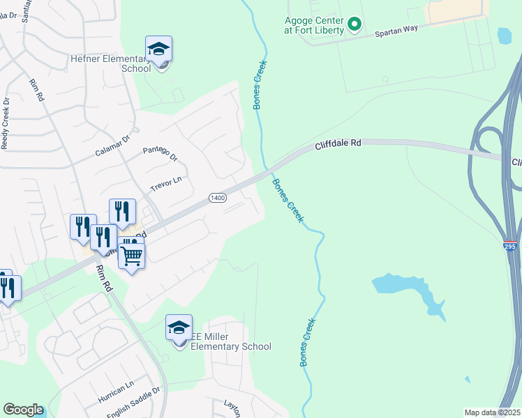 map of restaurants, bars, coffee shops, grocery stores, and more near 1039 Winward Cove in Fayetteville