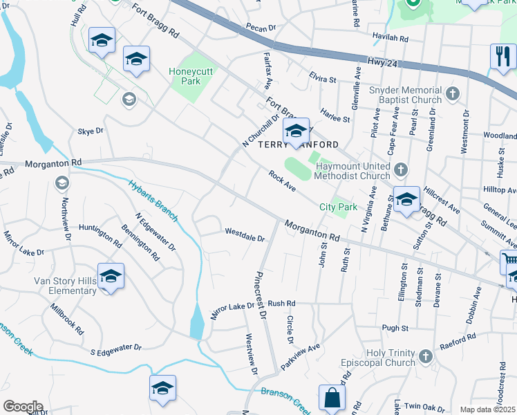 map of restaurants, bars, coffee shops, grocery stores, and more near 2207 Morganton Road in Fayetteville