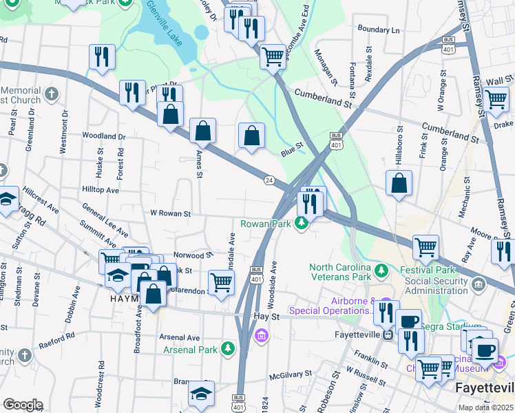 map of restaurants, bars, coffee shops, grocery stores, and more near 812 West Rowan Street in Fayetteville