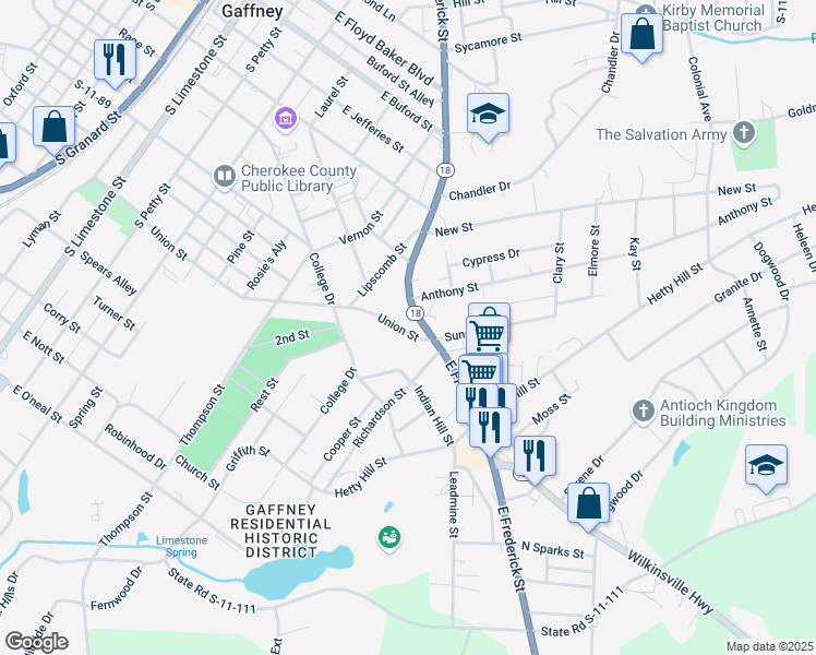 map of restaurants, bars, coffee shops, grocery stores, and more near 726 Union Street in Gaffney