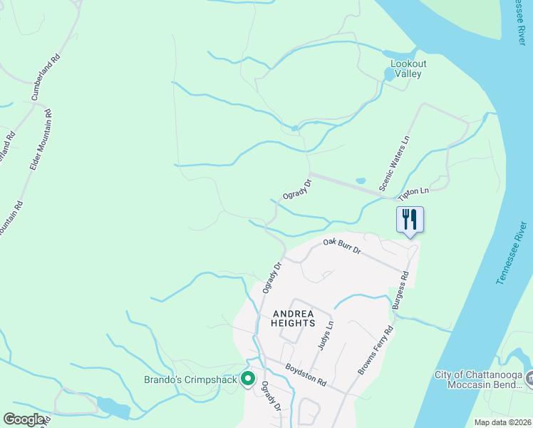 map of restaurants, bars, coffee shops, grocery stores, and more near 3403 Elderview Drive in Chattanooga