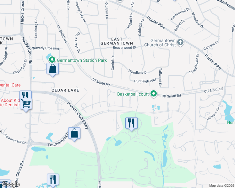 map of restaurants, bars, coffee shops, grocery stores, and more near 3225 Winderly Pine Cove in Memphis