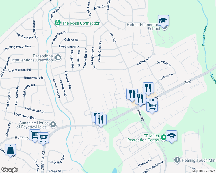 map of restaurants, bars, coffee shops, grocery stores, and more near 1200 Glen Iris Drive in Fayetteville