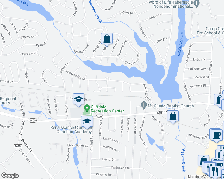 map of restaurants, bars, coffee shops, grocery stores, and more near 5835 Horton Place in Fayetteville