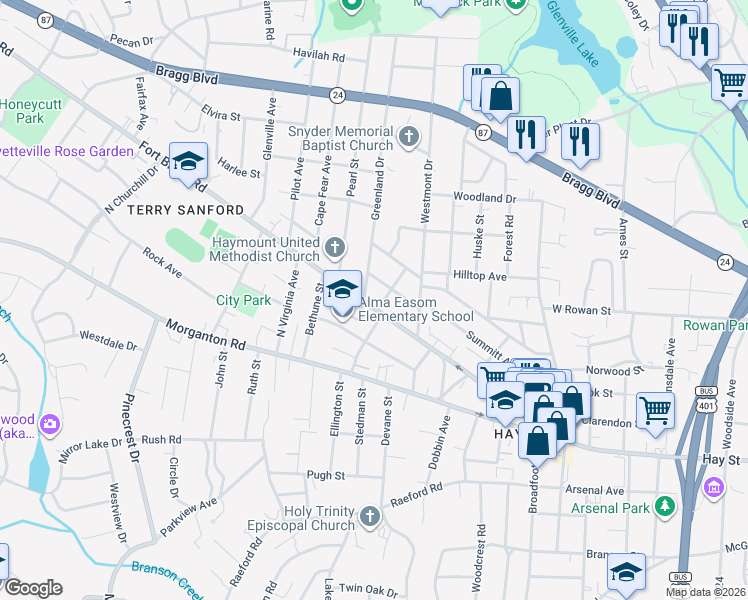 map of restaurants, bars, coffee shops, grocery stores, and more near 1602 Fort Bragg Road in Fayetteville