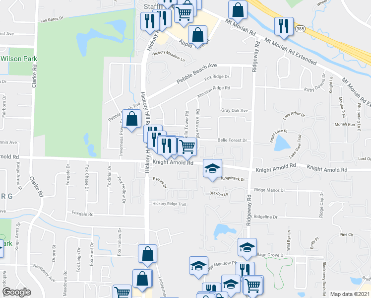 map of restaurants, bars, coffee shops, grocery stores, and more near Belle Oak Rd & Belle Tower Rd in Memphis