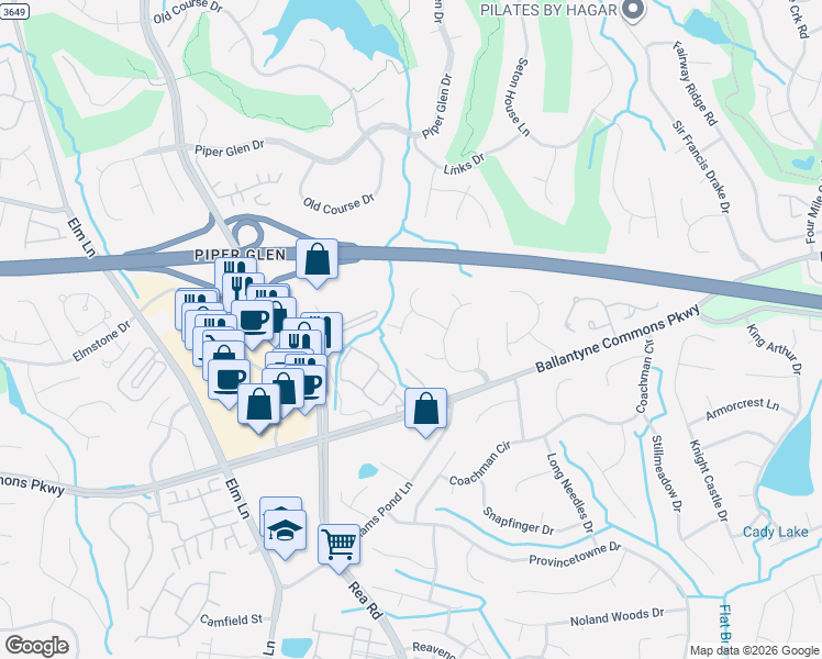 map of restaurants, bars, coffee shops, grocery stores, and more near 11325 Baronia Place in Charlotte