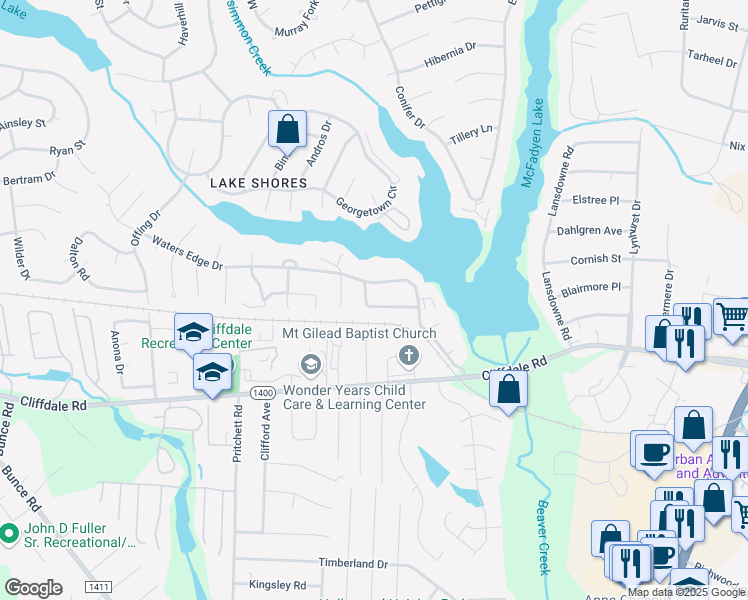 map of restaurants, bars, coffee shops, grocery stores, and more near 5738 Waterwood Drive in Fayetteville