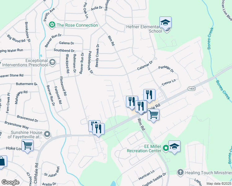 map of restaurants, bars, coffee shops, grocery stores, and more near 1211 Braybrooke Place in Fayetteville