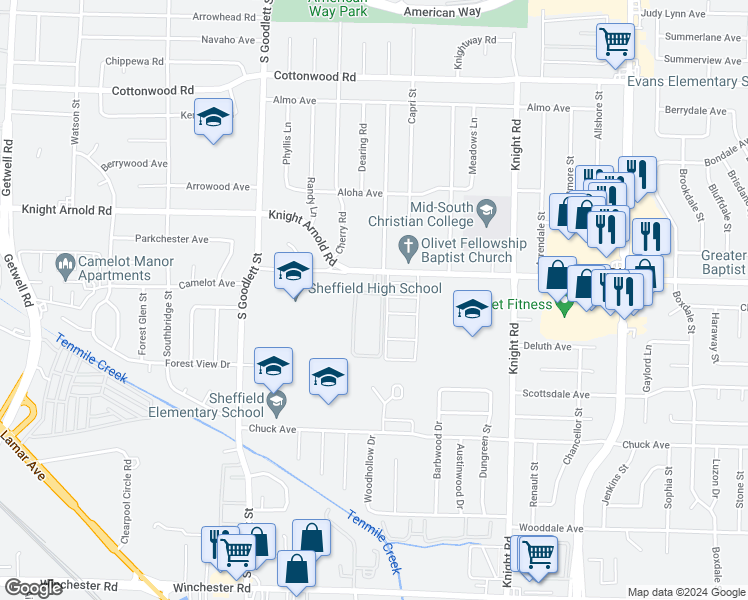 map of restaurants, bars, coffee shops, grocery stores, and more near 3187 East Danville Circle in Memphis
