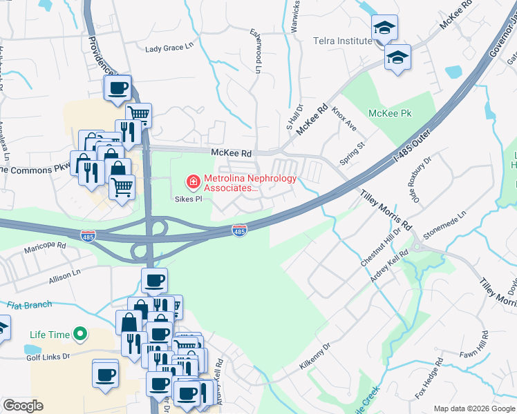 map of restaurants, bars, coffee shops, grocery stores, and more near 11530 Rabbit Ridge Road in Charlotte
