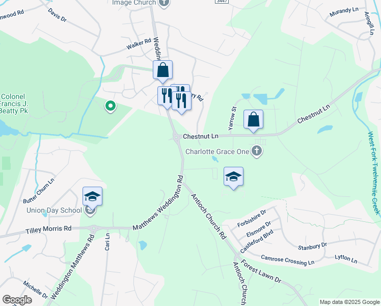 map of restaurants, bars, coffee shops, grocery stores, and more near 3617 Matthews Weddington Road in Matthews