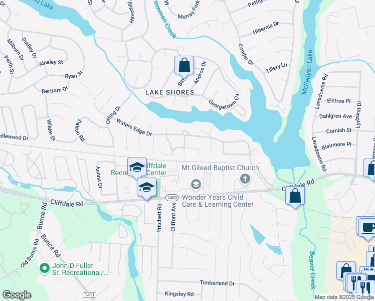 map of restaurants, bars, coffee shops, grocery stores, and more near 5843 Horton Place in Fayetteville