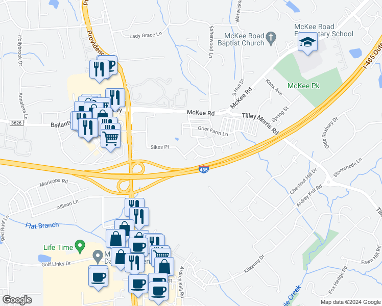 map of restaurants, bars, coffee shops, grocery stores, and more near 11833 Shoemaker Ct in Charlotte