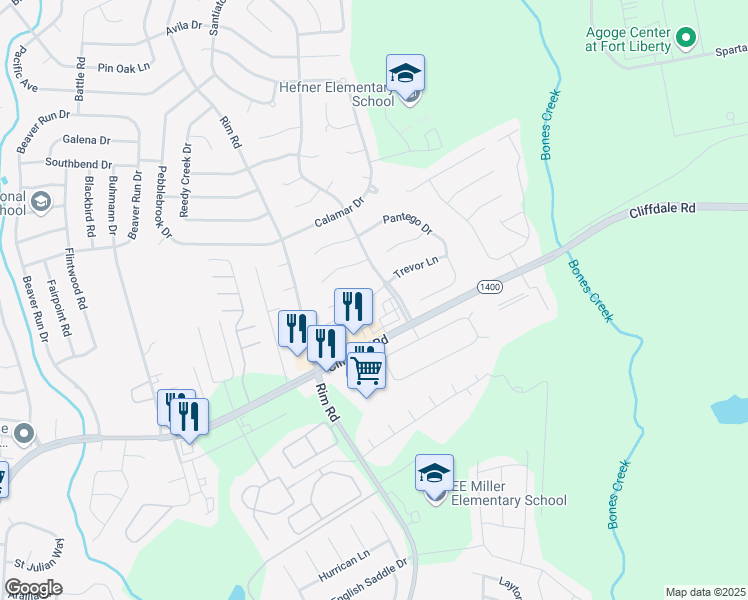 map of restaurants, bars, coffee shops, grocery stores, and more near 7109 Canary Drive in Fayetteville