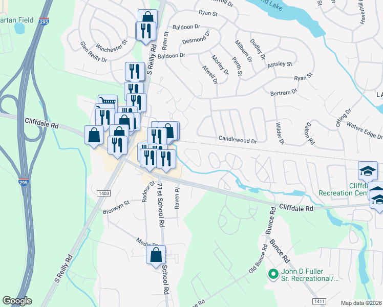 map of restaurants, bars, coffee shops, grocery stores, and more near 6508 Brookstone Lane in Fayetteville