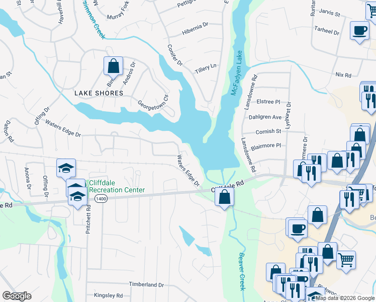 map of restaurants, bars, coffee shops, grocery stores, and more near 5700 Cloister Court in Fayetteville