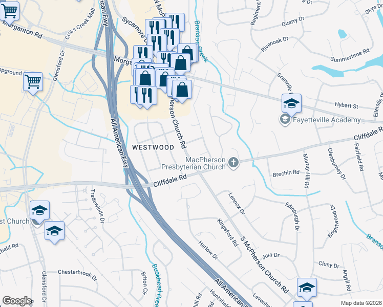 map of restaurants, bars, coffee shops, grocery stores, and more near 338 South McPherson Church Road in Fayetteville