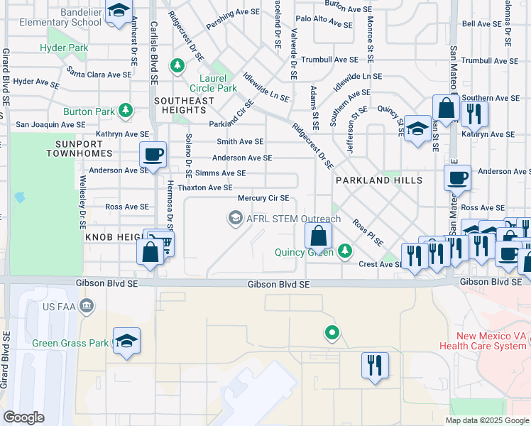 map of restaurants, bars, coffee shops, grocery stores, and more near 4001 Crossroads Place Southeast in Albuquerque
