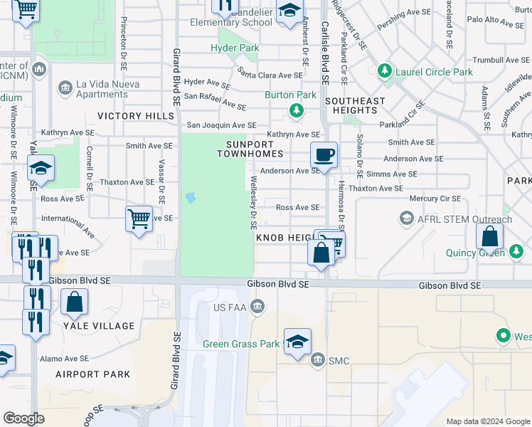 map of restaurants, bars, coffee shops, grocery stores, and more near 3414 Vail Avenue Southeast in Albuquerque